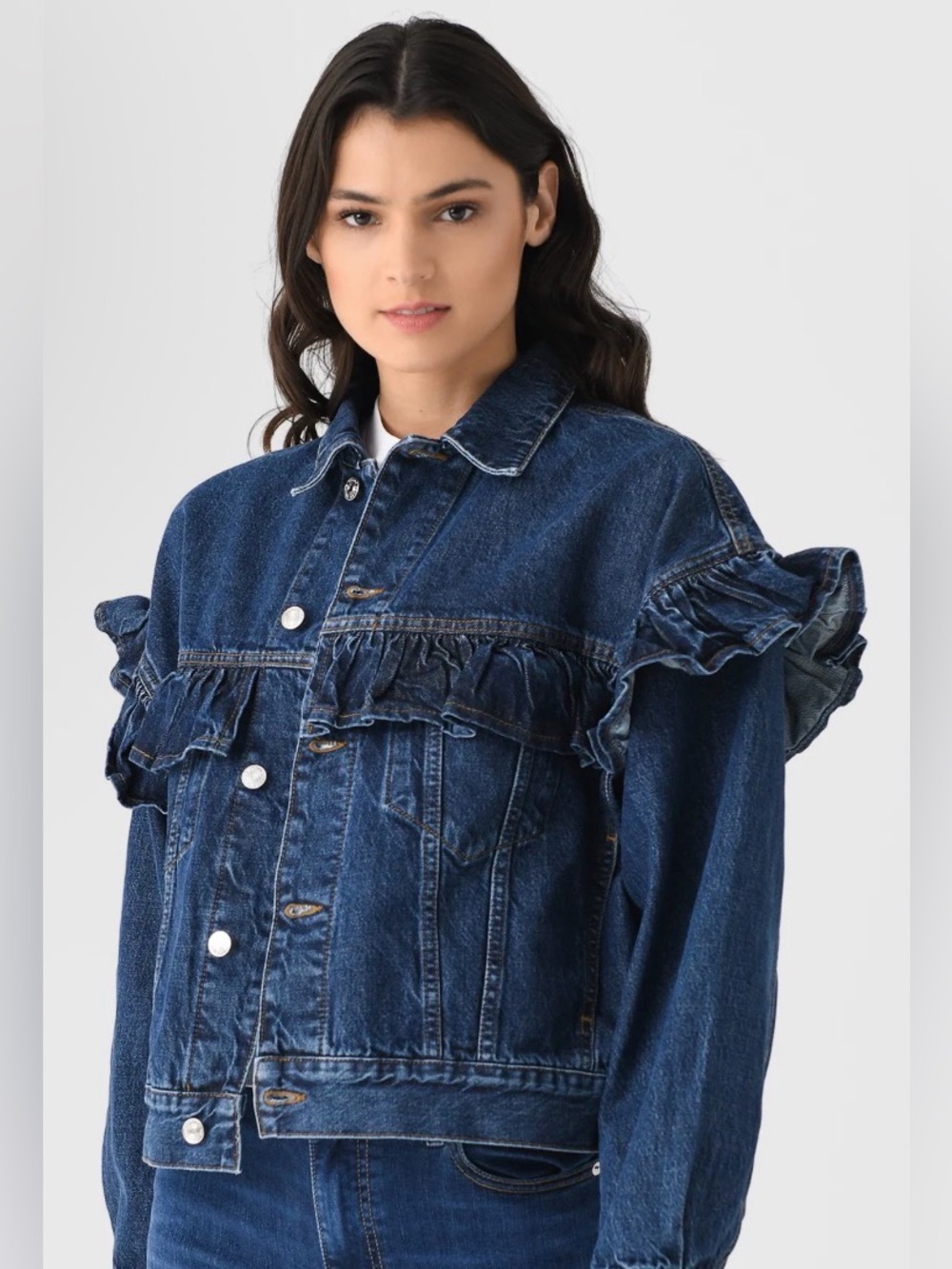 Zara Denim Jean Ruffle Jacket Sz XS Dark Denim